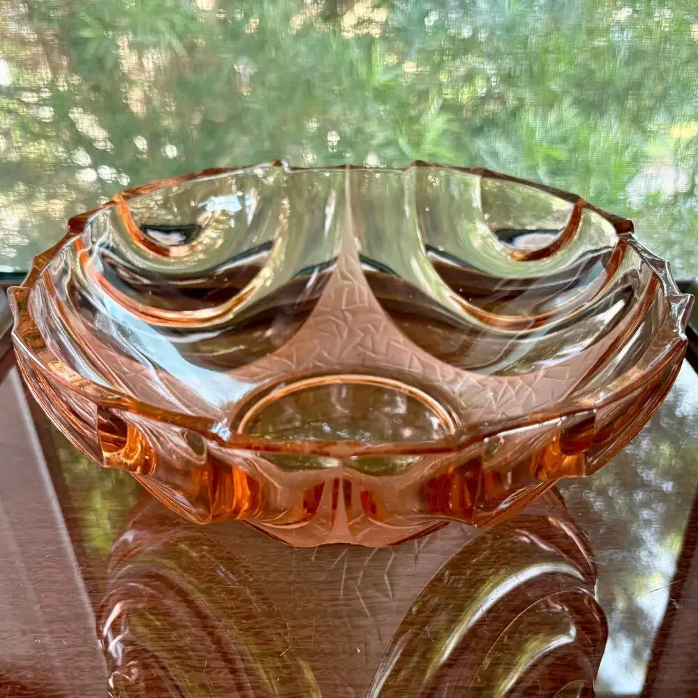 Vintage Pink Pressed Glass Bowl Made in Poland Art Deco Scalloped Edge